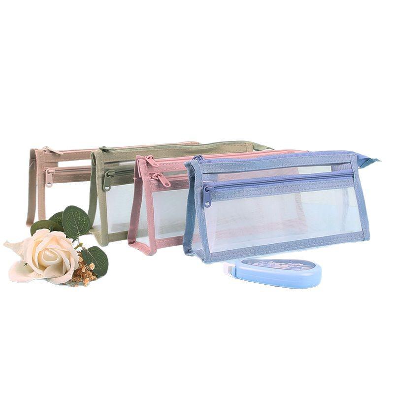 Double Layer Transparent 3D Mesh Pencil Case - Large Capacity Student Stationery Bag
