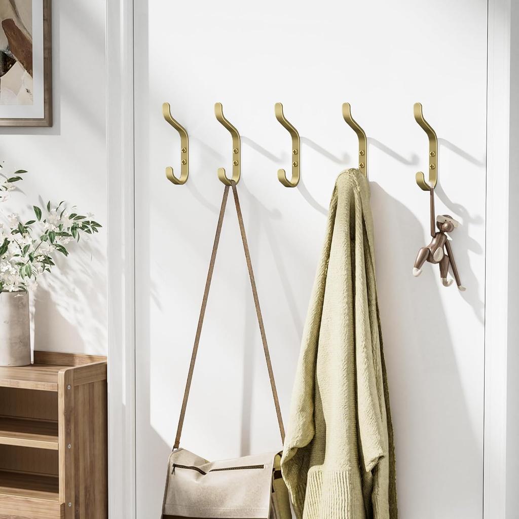 Wall Hook for Hanging Coats - Stainless Coat Hook 5 Pack Wall Mount for Backpack, Bag, Keys and Towel, Double Hook In Closet, Entryway, Door,
