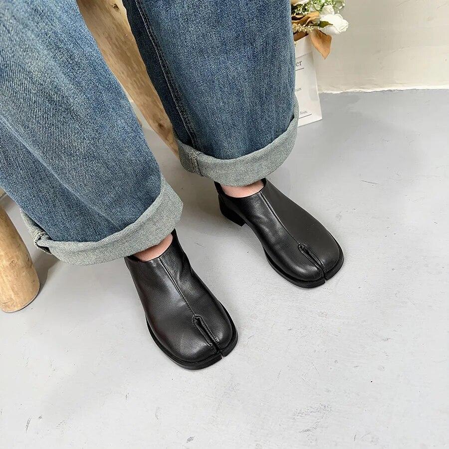 Johnature Düz Renk Hakiki Deri Topuklu İngiliz Tarzı Ayrık Toe Çok Yönlü Alçak Topuk Kadın Ayakkabı