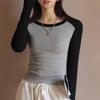 Dames Herfst- en Winter Splicing en Kleur Botsing Draad Ronde Hals Lange Mouw Top