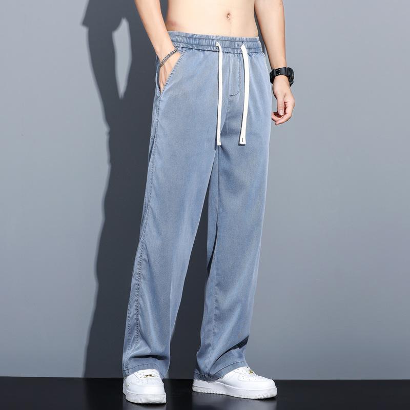 Tencel Jeans Men's Black Tide Brand Straight Loose Men's Ice Silk Wide-leg Simple and Versatile Casual Long Pants