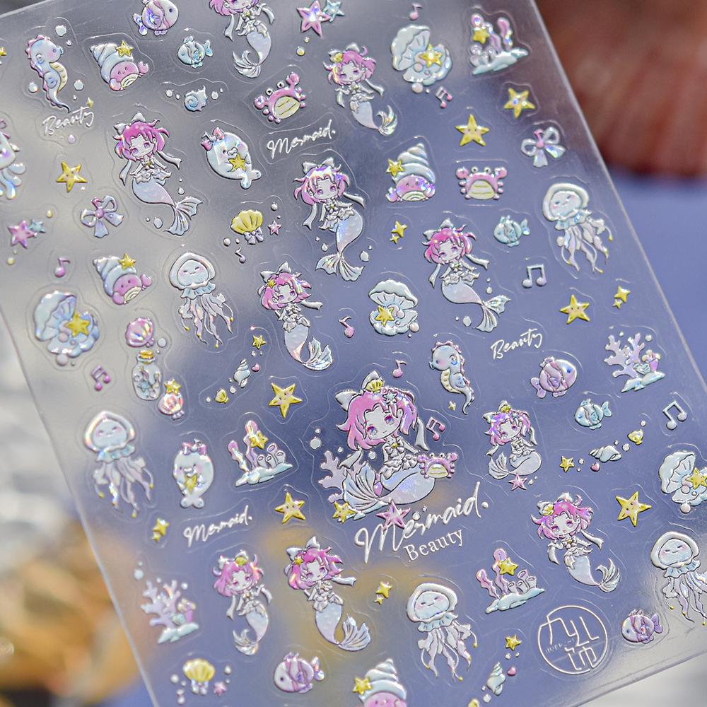 1pcs Ocean Marine Life Jellyfish Dolphin Shell Starfish Frangipani Ocean 5D Nail Art Stickers Embossed Nail Decals