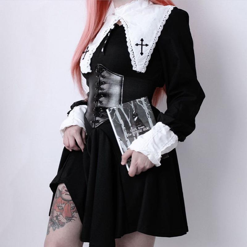 Vestido gótico negro oscuro para mujer, ropa de calle Harajuku con