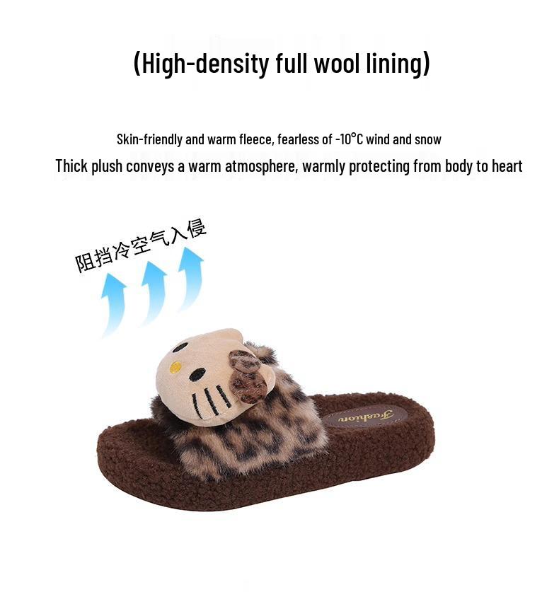 Women's Cute Leopard Print Fuzzy Cat Slippers – Cozy Winter Cotton Slide with Thick Sole
