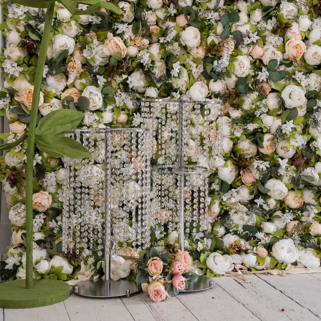 Uflower White Champagne Peony Flower Wall Wedding Backdrop Light Hanging Fabric Curtain Floral Decorative Wall Props for Events