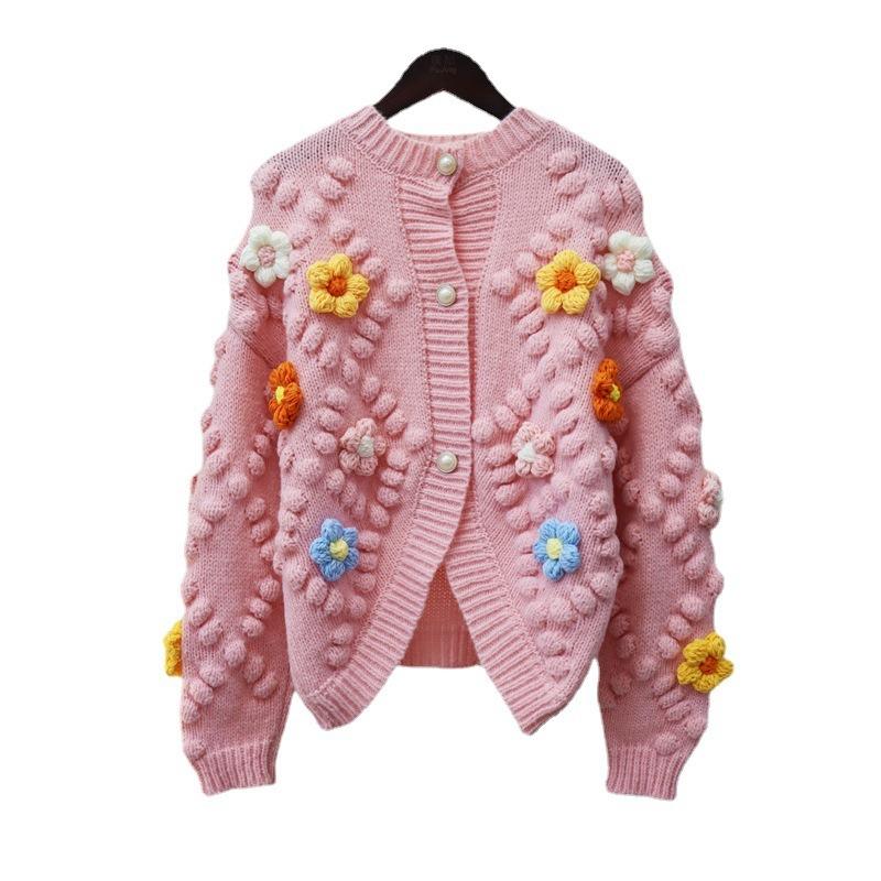 Autumn and Winter Three-dimensional Flower Soft Waxy Knitted Cardigan Women's Design Sense Sweet Wind Sweater Jacket Gentle Wind