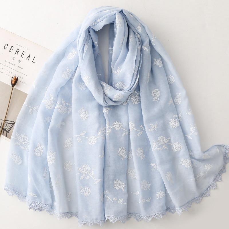 Winter Plain Lace Chain Stitch Rose Floral Viscose Scarf High Quality Shawl Wrap Pashmina Stole For Ladies Muslim Hijab 180*90Cm