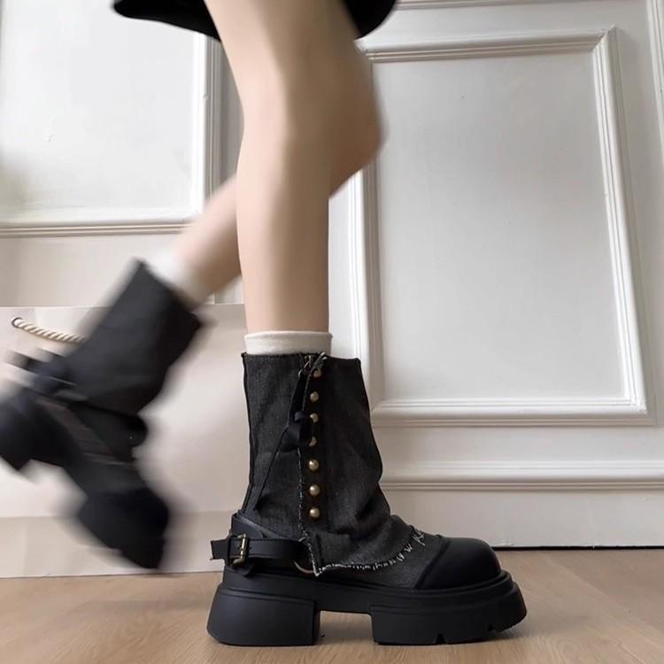 British Style Platform Soles Thick Heel Trousers Boots Boots Women's 2025 New Summer and Autumn with Skirts Western Denim Martin Boots