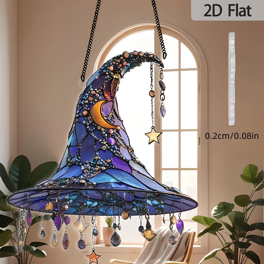 Halloween 2D Acrylic Witch Hat Hanging Decoration With Moon And Star Dangles, Window Ornament