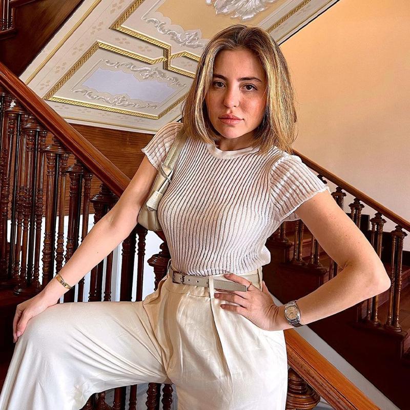 Spring and Summer Short-sleeved Round-neckthin and Breathable Knitted Wool Top