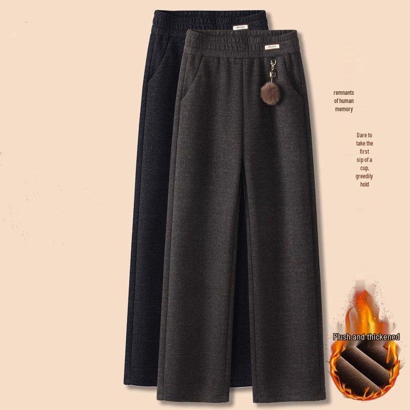 Autumn/Winter 2025 High-Waist Loose Pants for Seniors - Thick Casual Straight-Leg with Pockets
