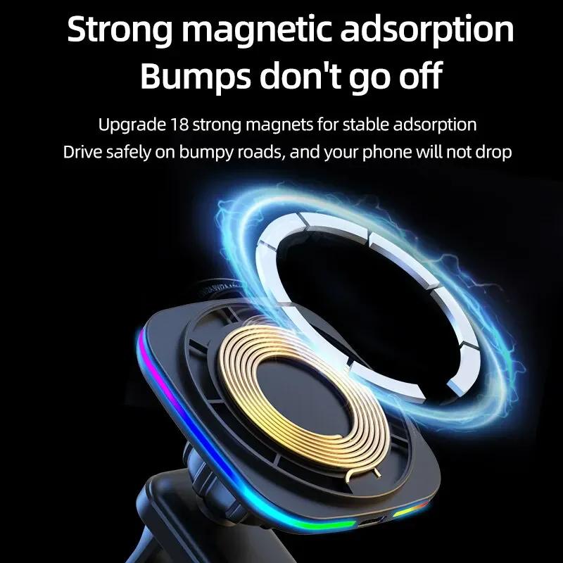 RGB Car Magnetic Phone Holder Stand 30W Wireless Charger Car Mount For iPhone 14 13 12 Pro Max Car Fast Charging Station Macsafe