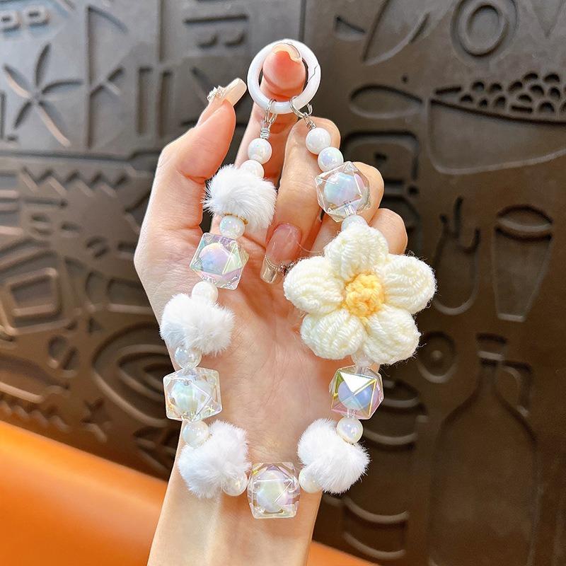 Kurze Handgemachte Wollblume Liebes Tasche Perlen Anhänger Internet Berühmtheit Handy Lanyard Tragbare Kette Lanyard