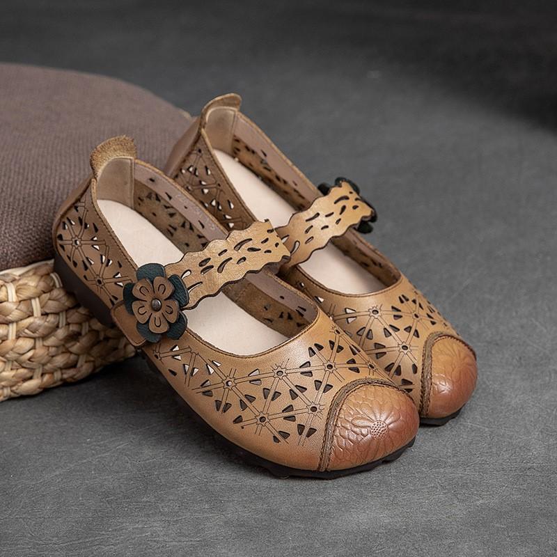 Johnature Sandali piatti con suola cava in vera pelle, retrò, versatili, scarpe da donna con suola morbida
