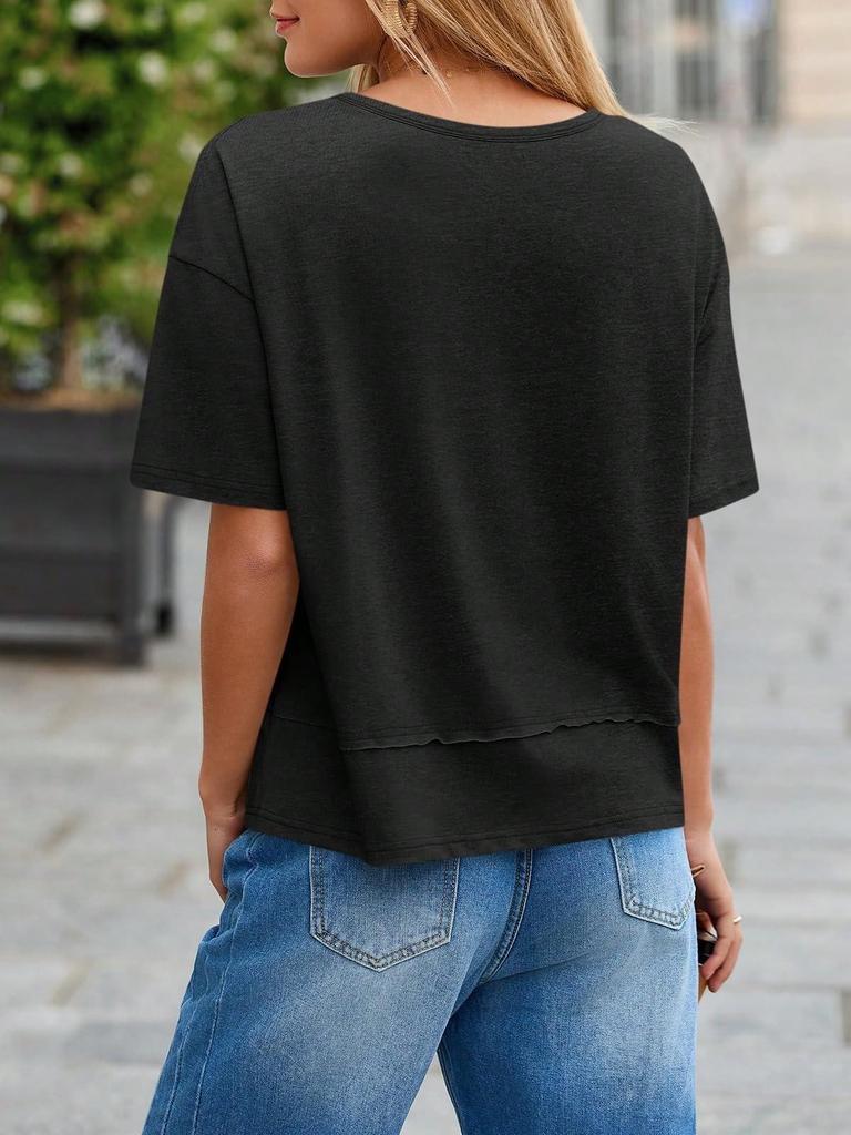 Women's V Neck T-Shirt Short Sleeve Flowy Loose Basic Summer Tee Top