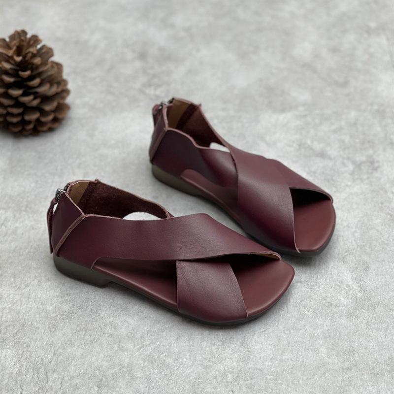 

Johnature Peep Toe Босоніжки на плоскій підошві ретро ручної роботи з натуральної шкіри м’яка підошва Зручне дихаюче жіноче взуття 38 вина червоного кольору