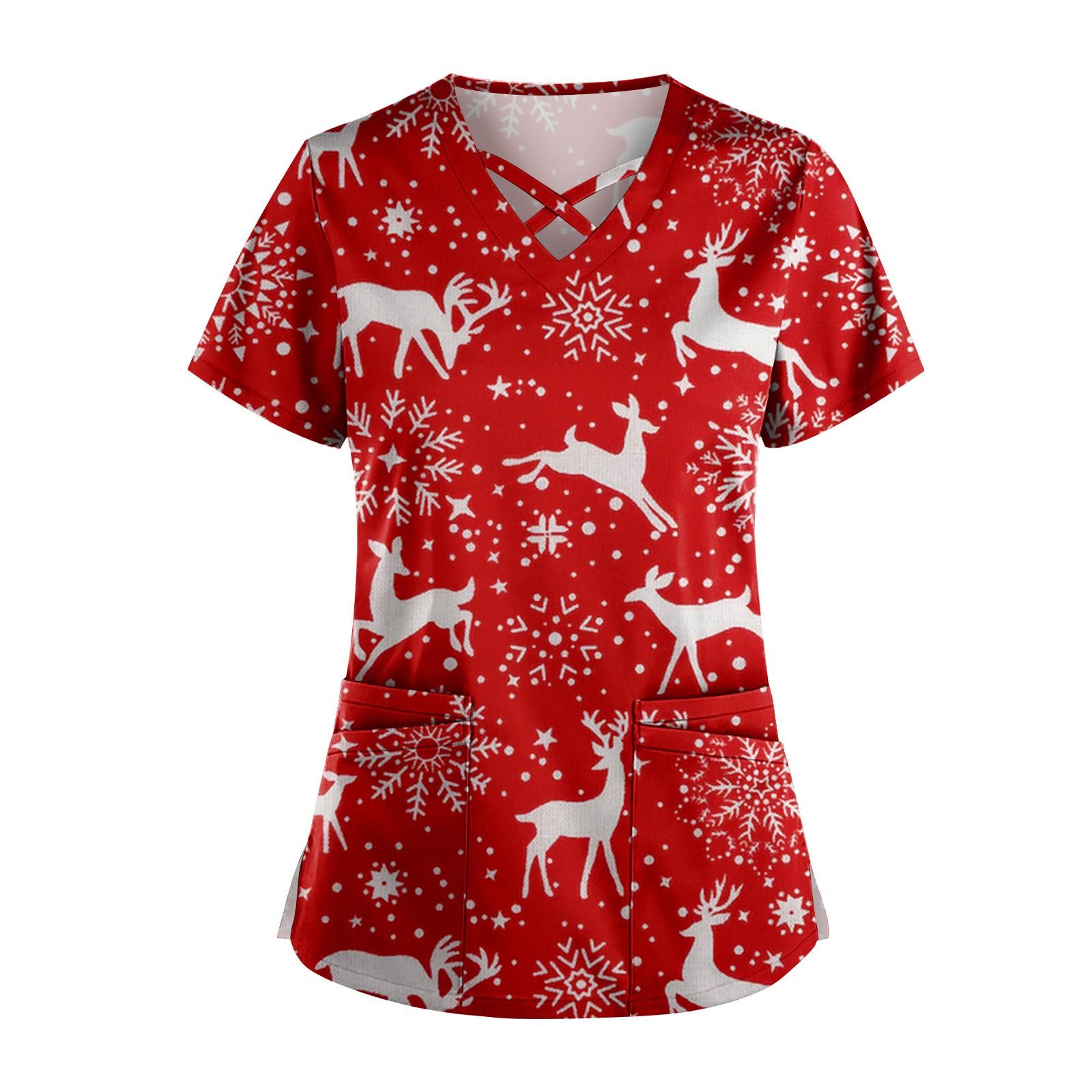 

Женская рождественская униформа с принтом, рабочая униформа, защитная рабочая форма с карманом и v-образным вырезом XL красный