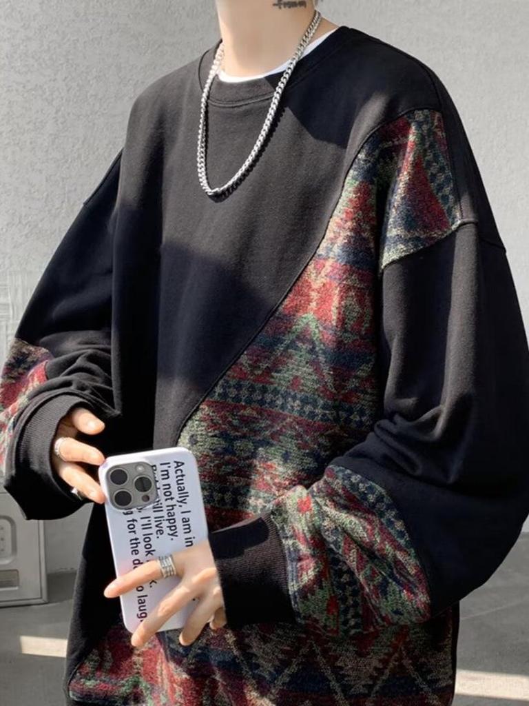 Men's Plus Size Autumn Patchwork Hoodie: Ethnic Style, Round Neck, Long Sleeve, Loose Fit, Casual Versatile Pullover.