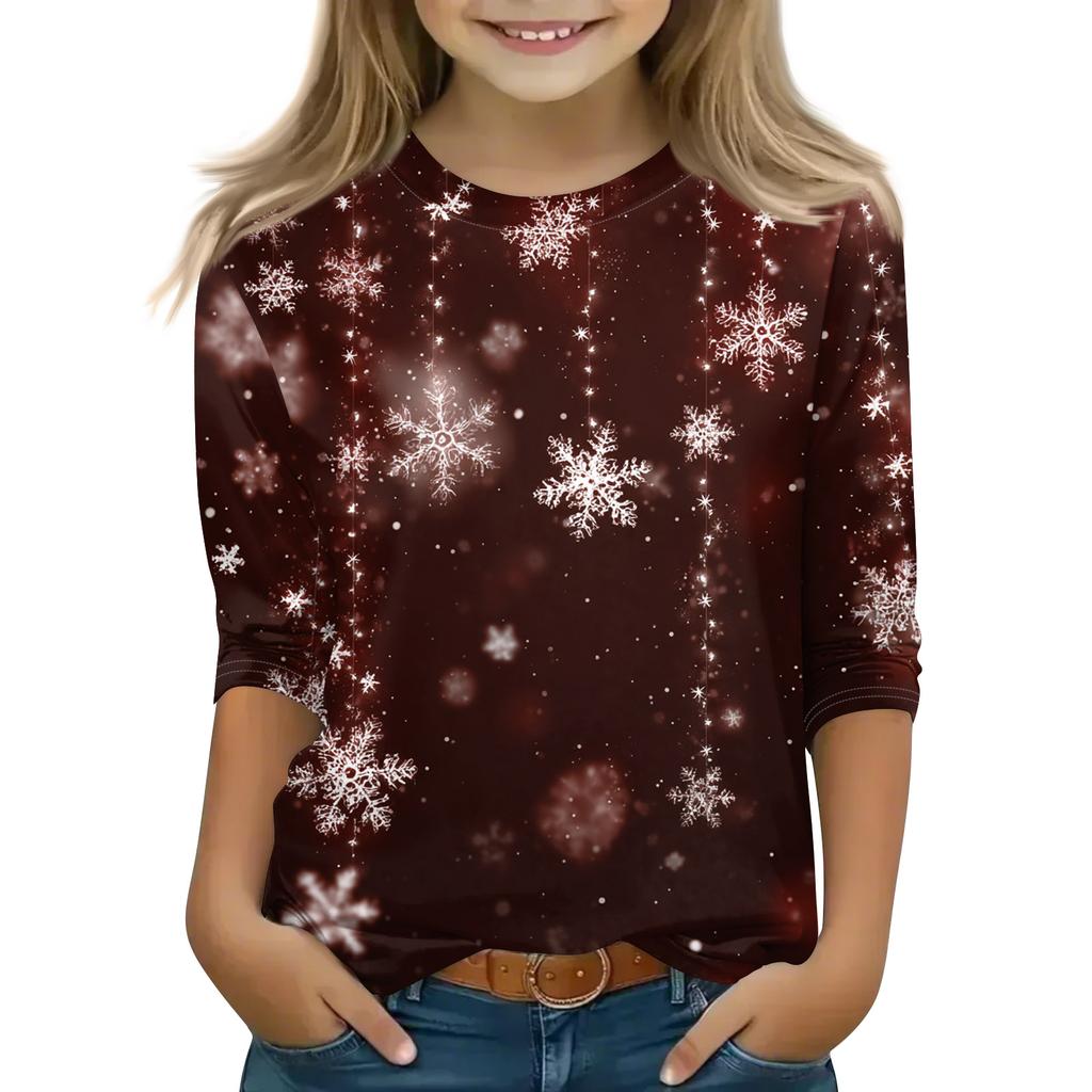 Christmas Day Print Tops For Youth Girls 5-16 Years Round Neck 3/4 Sleeves T-Shirts Trendy Tops Outfit Tees