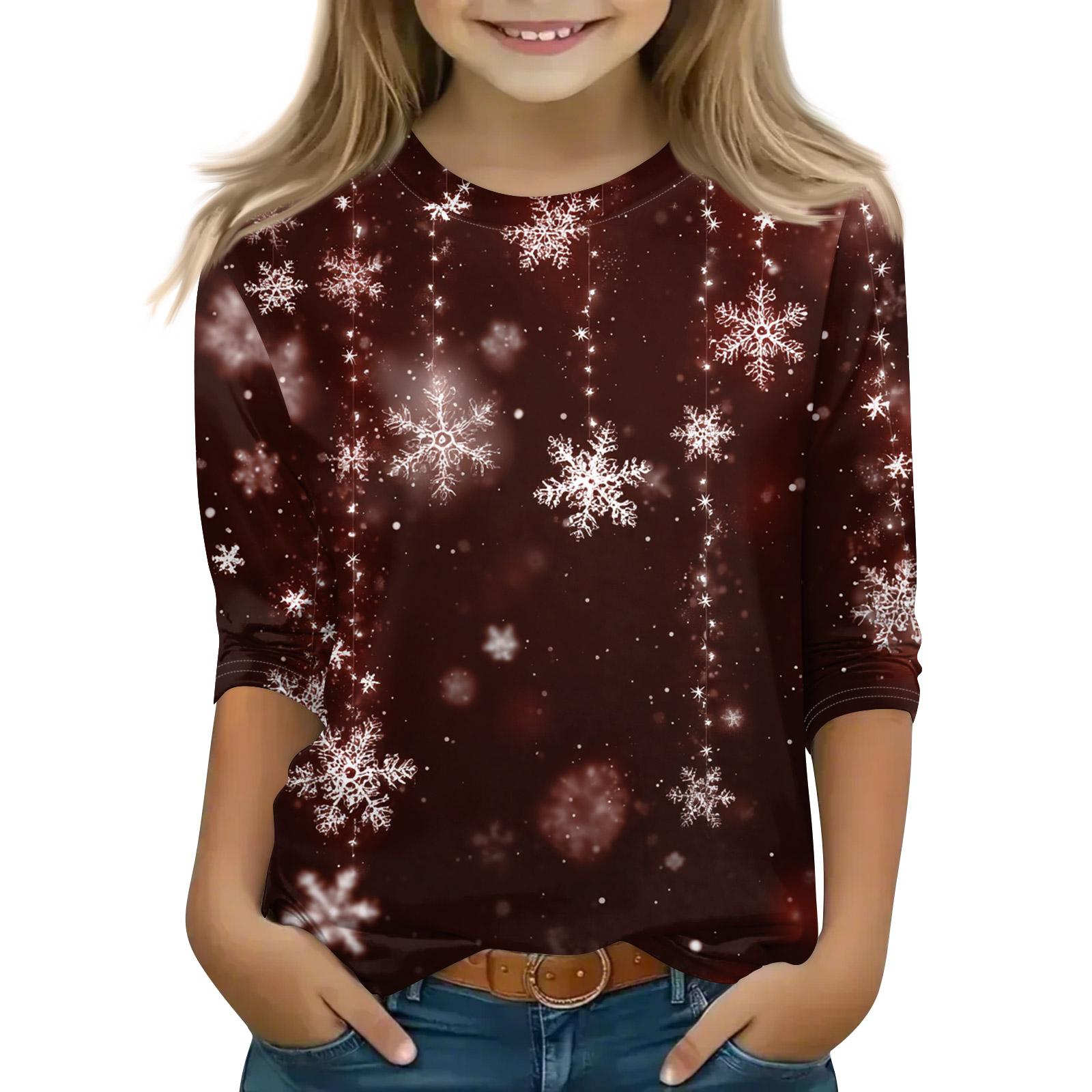 

Рождественские топы с принтом для девочек-подростков 4-11 лет, футболки с круглым вырезом и рукавами 3/4, модные топы, нарядные футболки 130