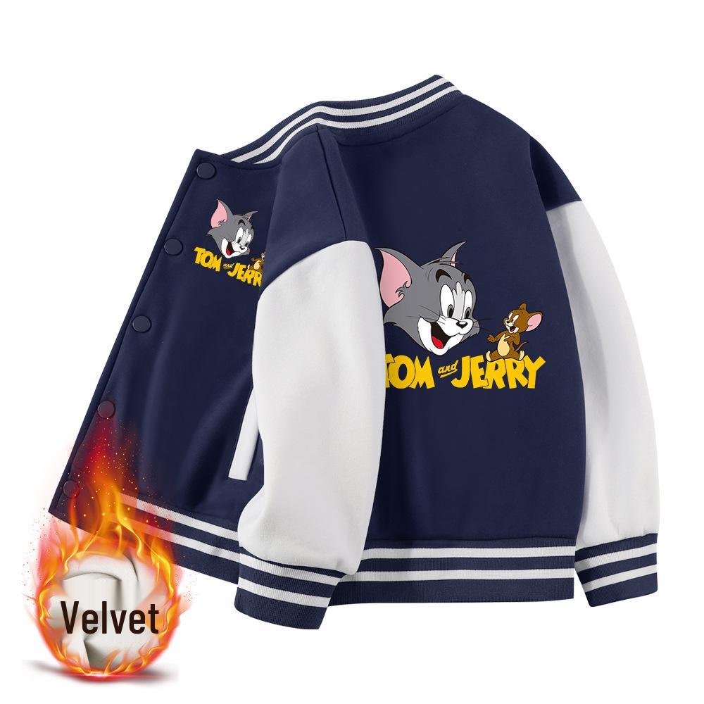 Tom and Jerry Thickened Boys' Baseball Jackets - Velvet Lined, Spring/Autumn Casual Wear