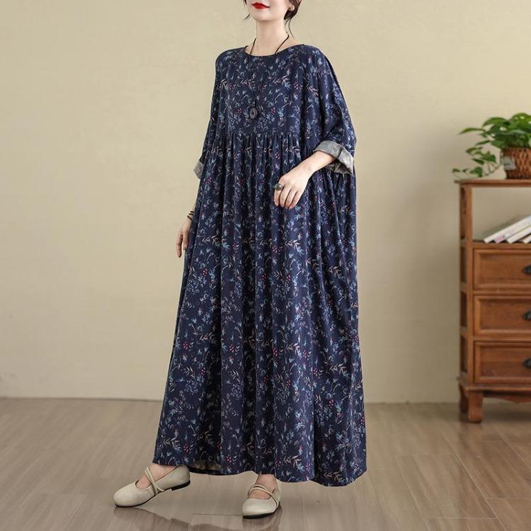 Spring Floral Print Vintage Maxi Dress Long Sleeve Loose Oversize Casual Basic Long Dress for Women Plus Size