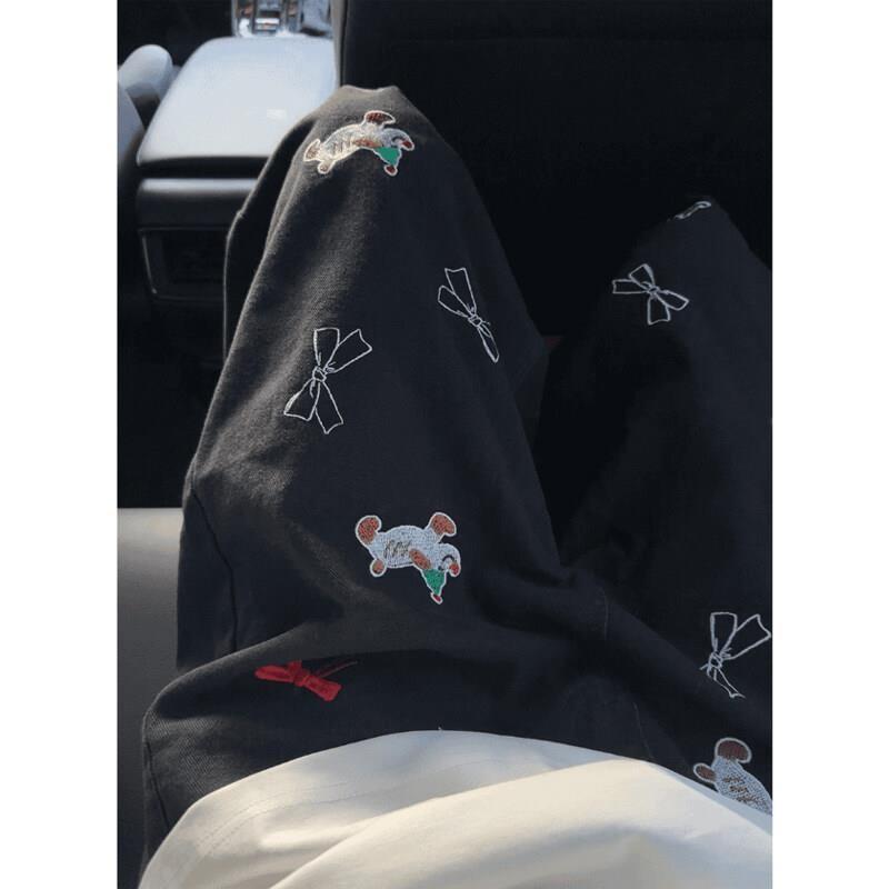 American retro puppy embroidered denim shorts men's summer loose straight versatile trendy cropped pants