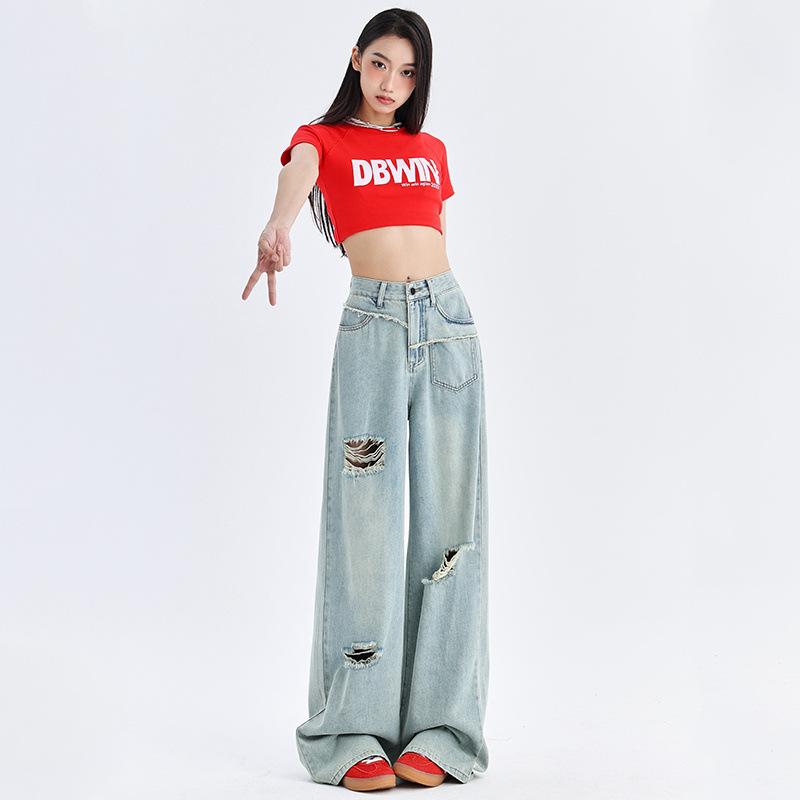 

Рваные широкие джинсы для женщин Летом Новые С высокой талией Слиммирующие Драпированные Свободные Прямые Брюки для мытья пола L