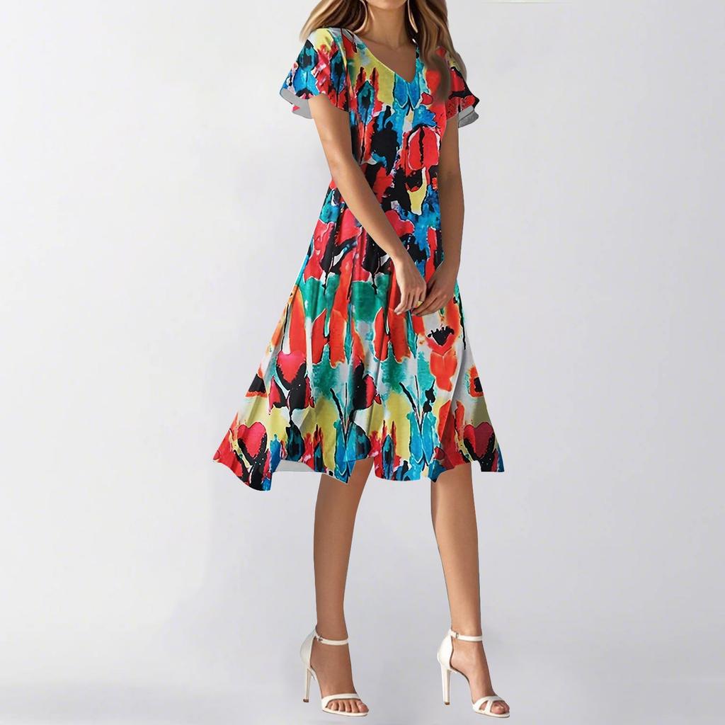 Damen Sommerkleid, lässig, modisch, Blumendruck, V-Ausschnitt, kurzärmelig, kurzer Rock