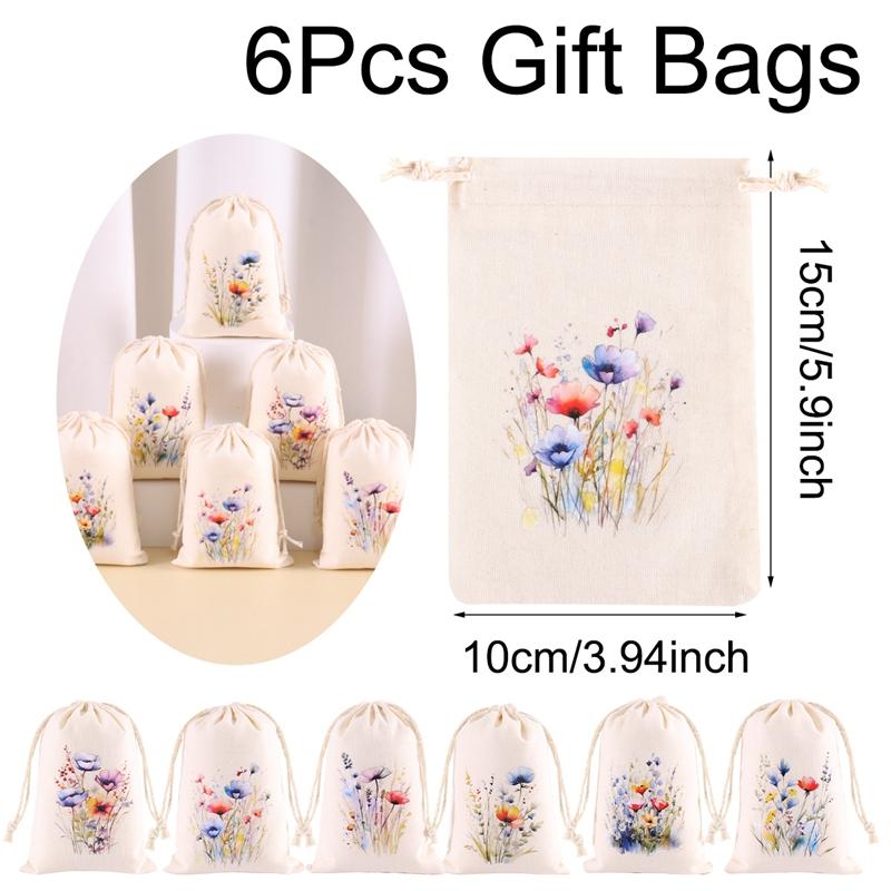 

6pcs Spring Floral Butterfly Lavender Burlap Gift Bags Jewelry Drawstring Storage Bags Gift Packaging Bag Wedding Party Supplies 10x15cm