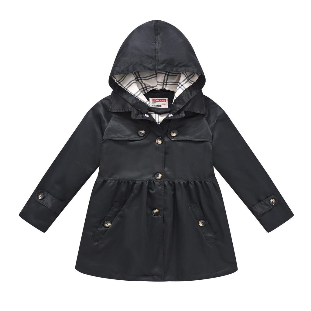 Girls' British Style Button Trench Coat with Detachable Hood - Waist-Defining, Solid Color, Mid-Length, Autumn Classic Fashion.