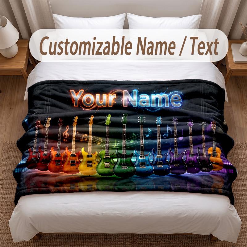 Music Guitar Theme Soft Blanket Personalized Custom Name Text Print Warm Blanket Home Sofa Bedroom Decor