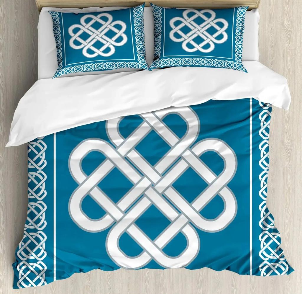 Viking Celtic Duvet Cover Set, Celtic Knot with Tridents Forest and Mountains Scandinavian Germanic Culture,Bedding Sets Decor