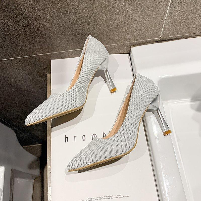 

2025 autumn new high heels fashion sequins pointed head shallow mouth one pedal stiletto fashion temperament single shoes women s shoes 35