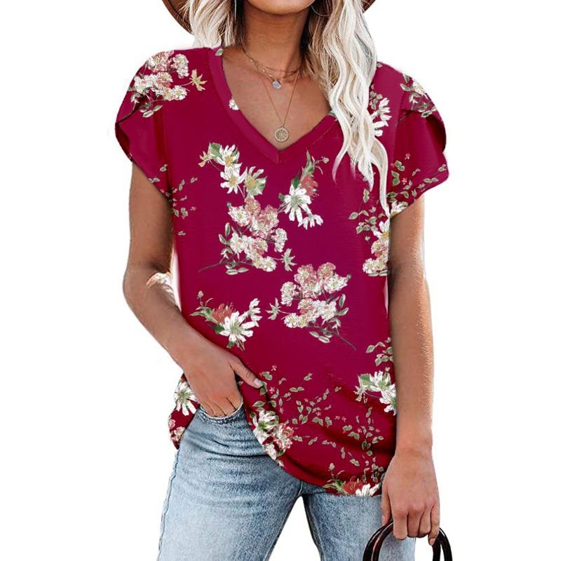 QICED Kadın Modası Günlük Düz Renk Desen Kısa Kollu V Yaka Bluzlar ve Gömlekler