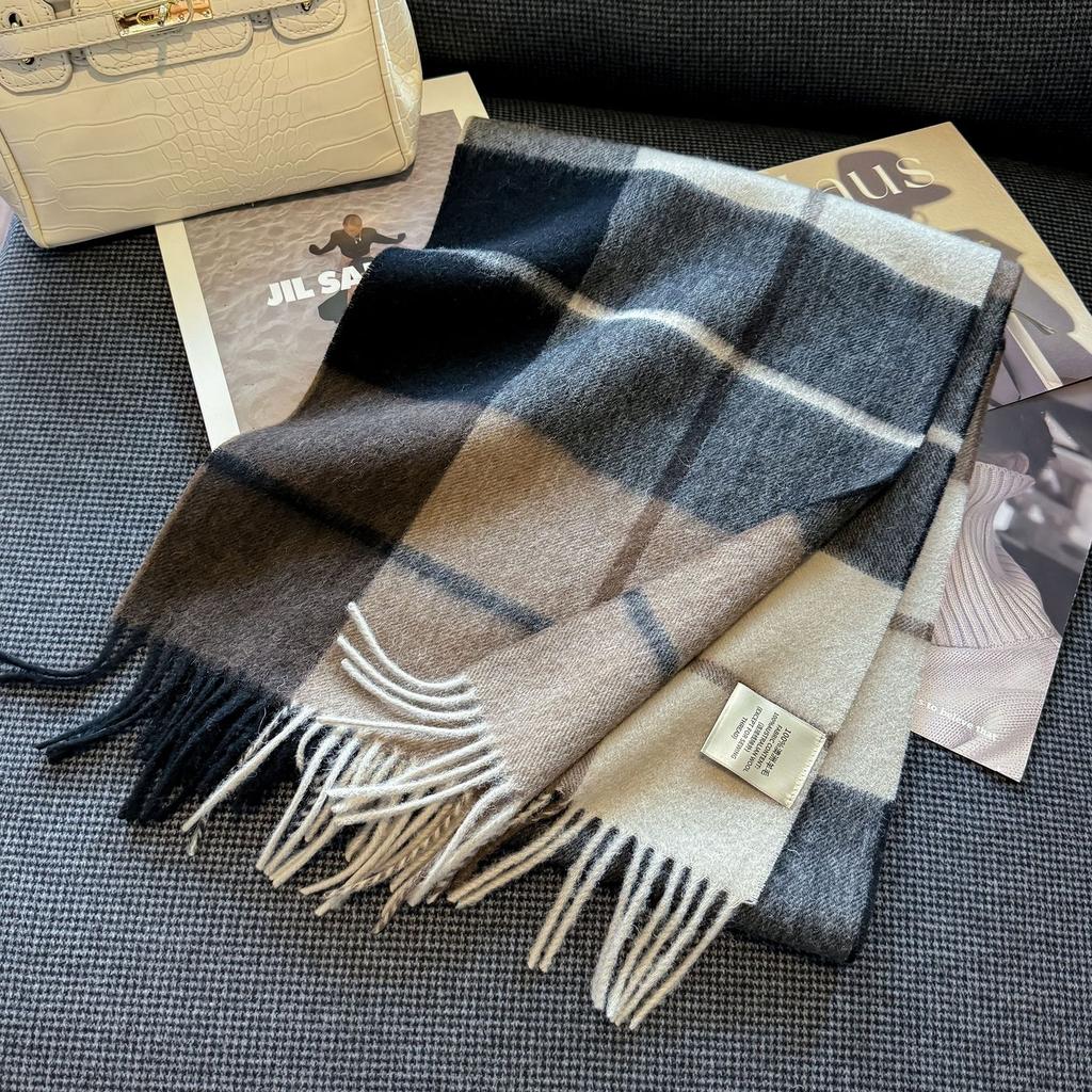 New Wool Warm Scarf for Women in Color Blocked Plaid Scarf Long Tassel Scarf Thickened and Warm