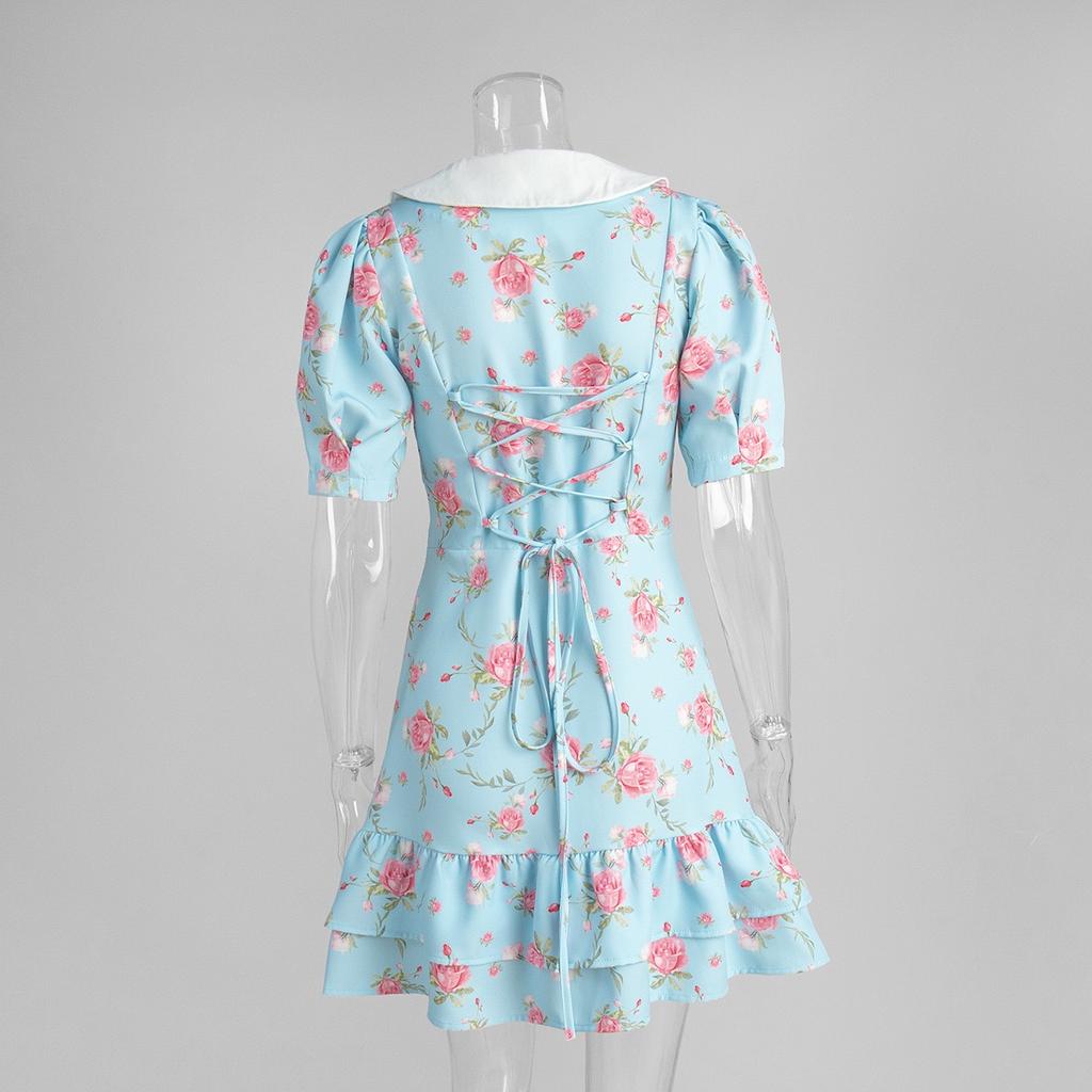 Print Puff Sleeves Ruffled Dress Women's V-Neck High Waist Pearl Buttons Mini Dress Female Casual Vacation Fashion Dress