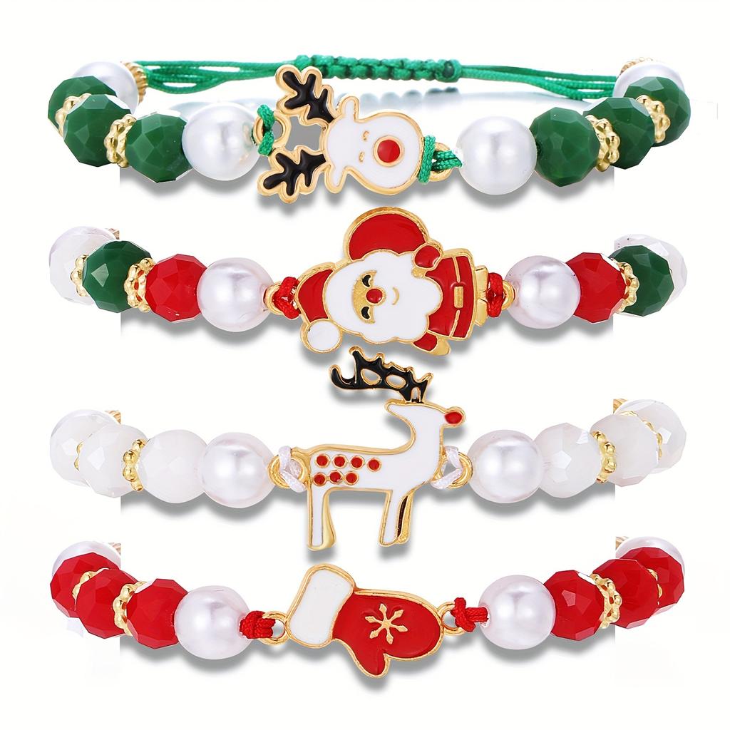 Weihnachts-Charm-Armband-Set, 4-teilig – Weihnachtsmann-, Rentier- und rote Handschuhe-Designs mit weichen Tonperlen und Kordelzugverschluss – als Weihnachtsgeschenk für Freunde und Familie
