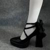 Fashion French Vintage Platform Block Heel High Heels Women's New Bow Mary Jane Single Shoes