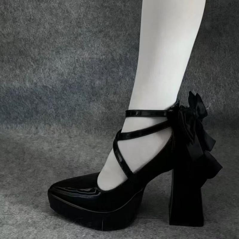 Fashion French Vintage Platform Block Heel High Heels Women's New Bow Mary Jane Single Shoes