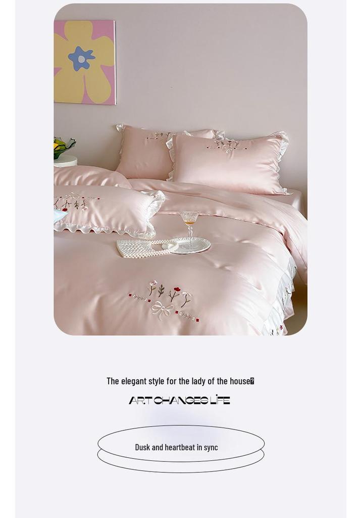 Light Luxury Heart Embroidered 60S Tencel Duvet Set - Soft Cooling Ice Silk Bedding