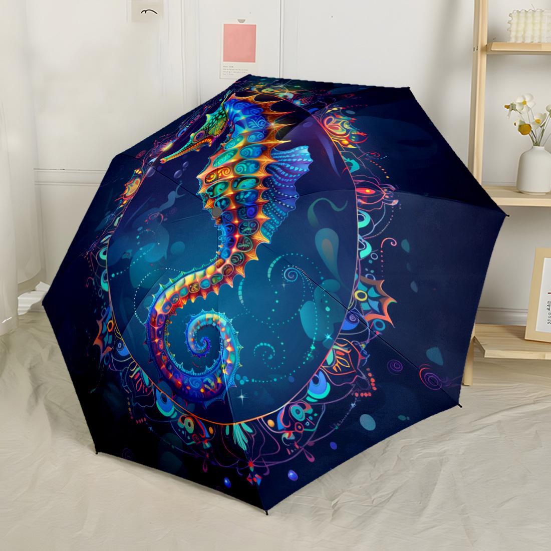 

Colorful Seahorse Artwork Automatic Umbrella Compact 8 Rib Lightweight Durable Plastic Iron All Season Use Fashion Lovers Gift for Festivals