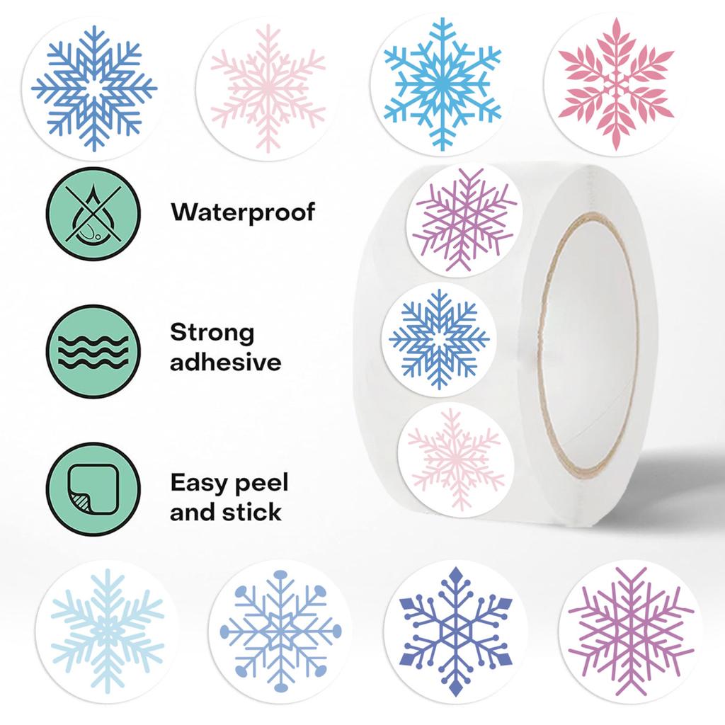 Christmas Snowflake Envelope Stickers - 500 Count Decorative Roll for Journaling, Scrapbooking and Mail