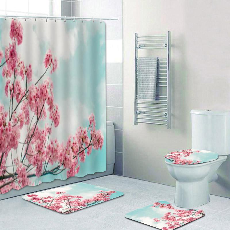 Chic Floral Pink Cherry Blossoms Shower Curtain Set Bathroom Cherry Sakura Flowers Branch Bath Curtains Mats Rugs Set Home Decor