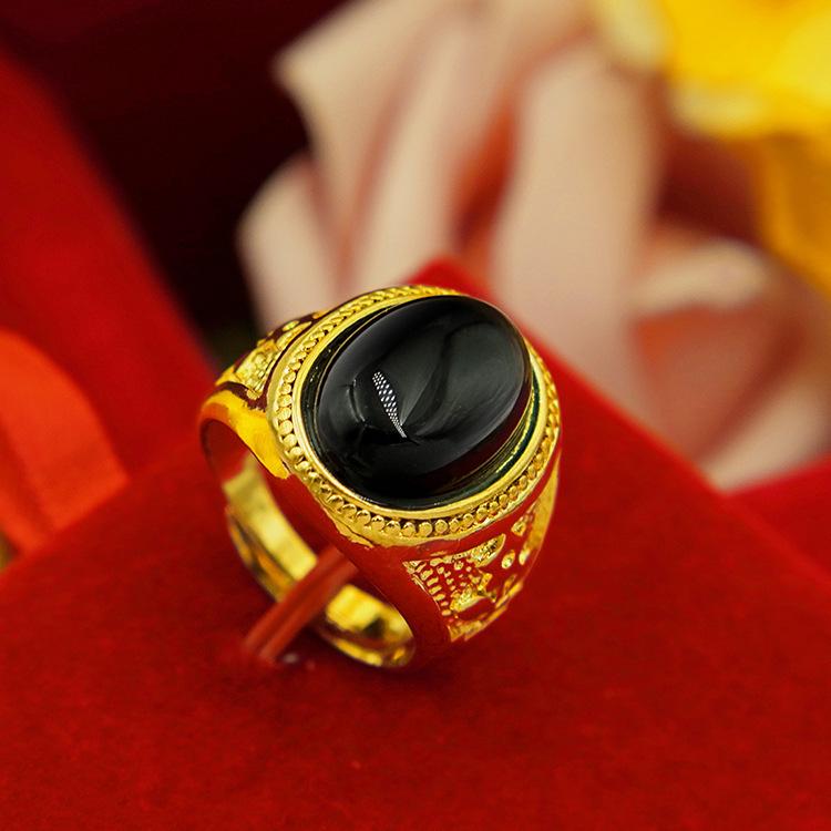 Men's Gold-Plated Brass Ring with Obsidian Sand and Agate