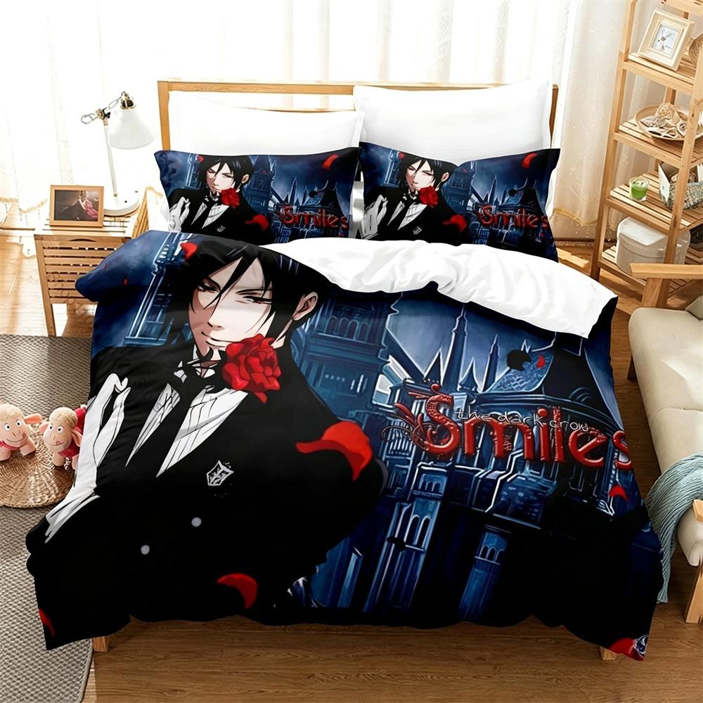Set Biancheria da Letto Black Butler Kuroshitsuji 2/3 Pezzi Copripiumino Sebastian Ciel Cartone Animato Biancheria da Letto per Bambini Adulti Camera da Letto