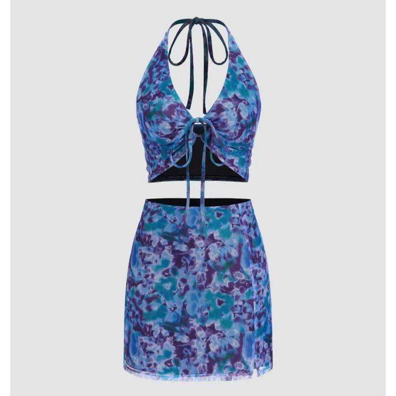 Export C * Mesh Sexy Halter Spaghetti Straps Short Top Skirt