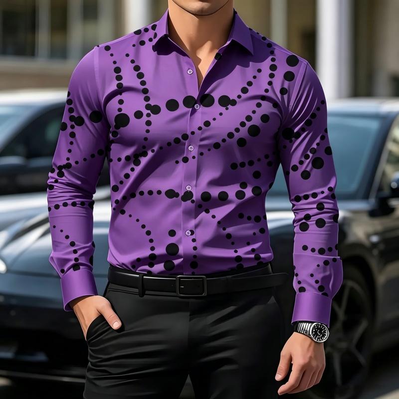 Men's Geometric Polka Dot Print Long Sleeve Shirt Slim Fit Casual Tops