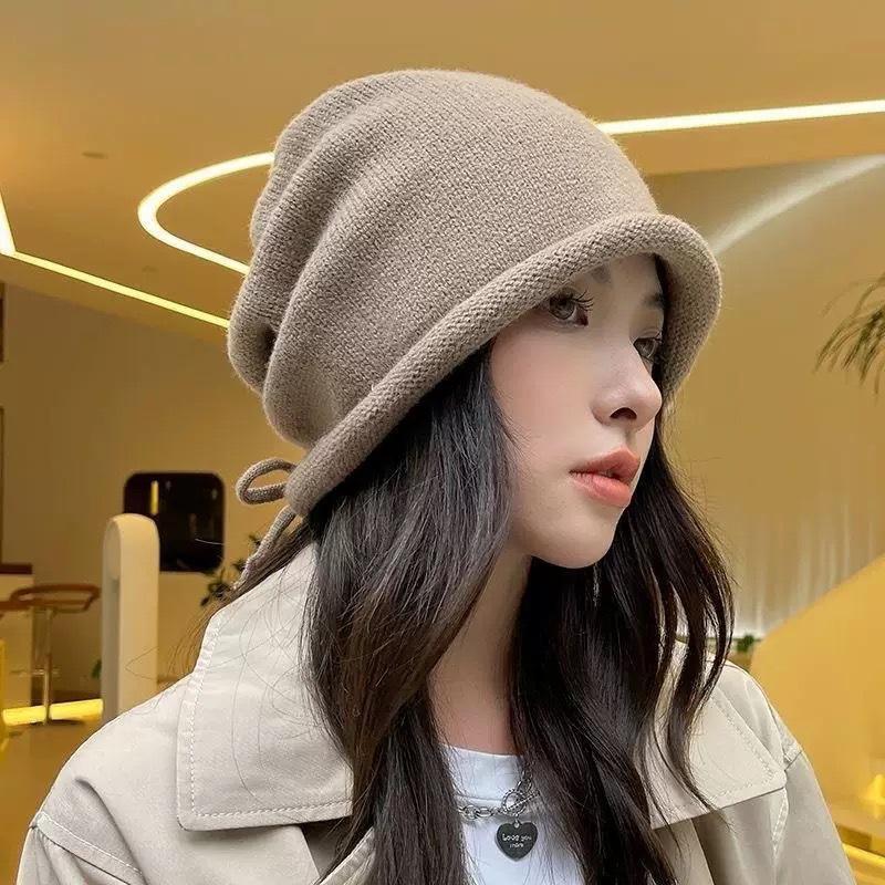 Autumn and winter hats women's cold hats big head circumference versatile knitted thin crimped outdoor stacking hats women's winter