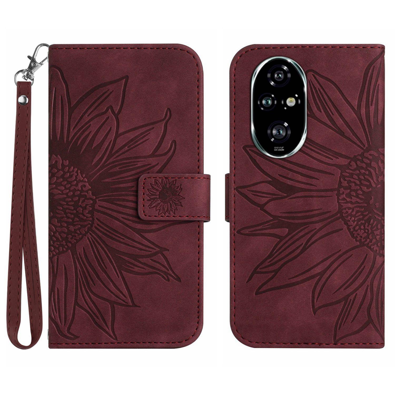 

HT04 For Honor 200 5G Case Sunflower Leather Wallet Protective Phone Cover with Wrist Strap Wine Red
